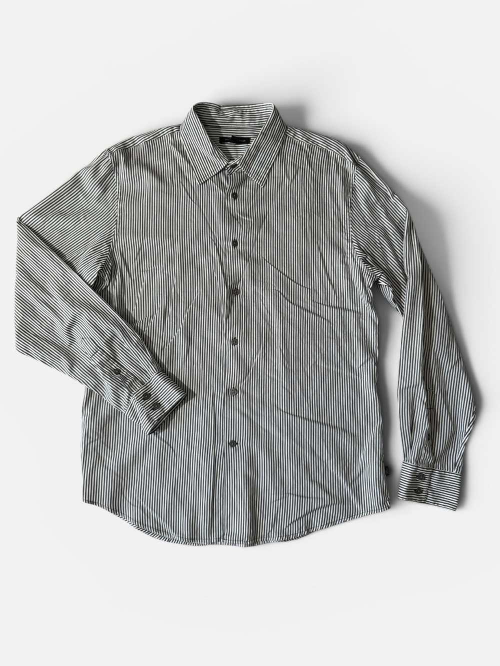 John Varvatos mens L Large gray white stripe cotton button up casual shirt EUC